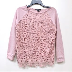 Adrianna Papell Pink Lace Crewneck Pullover S